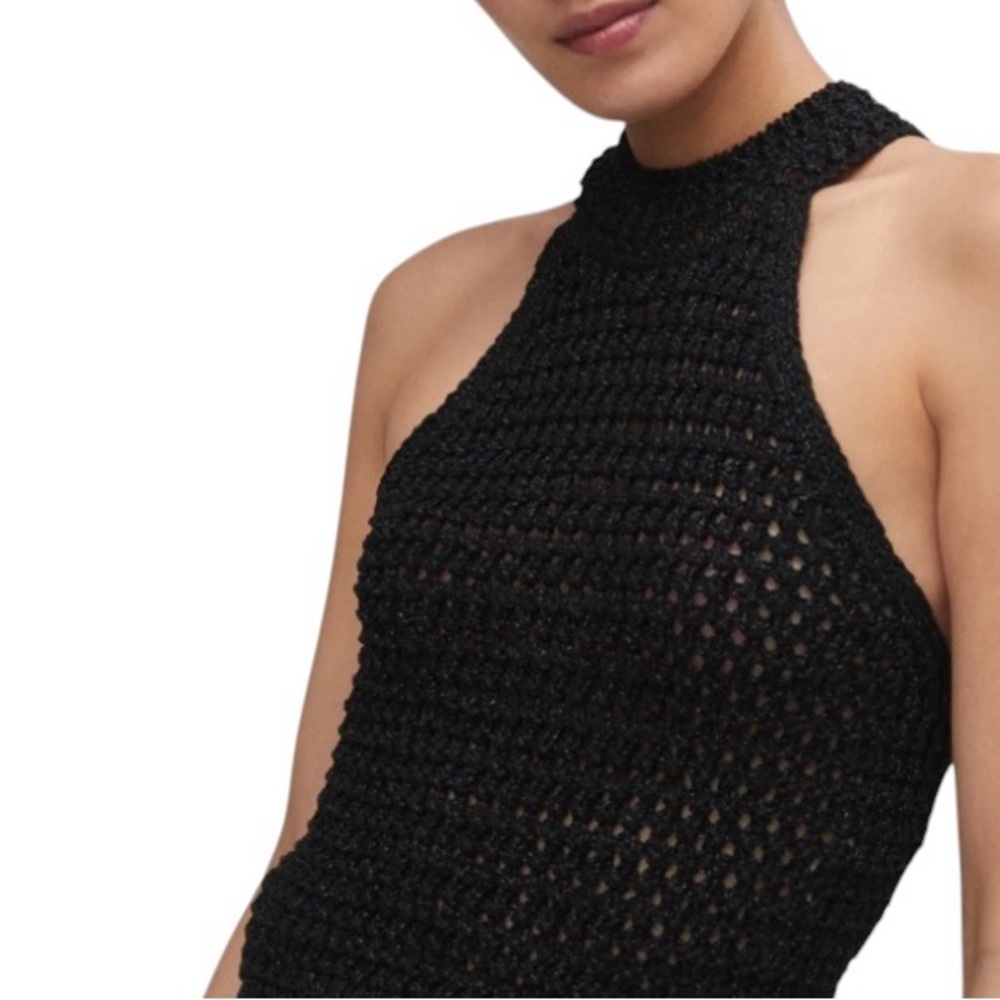 Mango Black Shimmer Halter Open Knit sheer Mini Dress Sleek Mini party Dress LBD - Picture 6 of 13